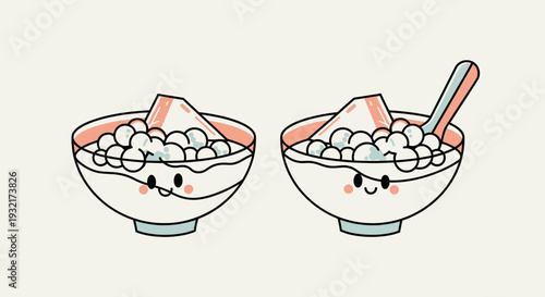 Two cute cartoon bowls of grass jelly dessert with tapioca balls and a spoon kawaii style creamy white and light peach