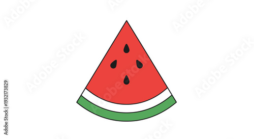 Triangular slice of fresh ripe watermelon with black seeds colorful illustration style on white isolated background for summer designs and food concepts