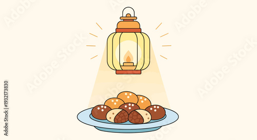 Traditional mamoul cookies illuminated by vintage lantern light offering a taste of Middle Eastern culture and holiday festivities illustration