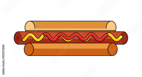 Vector illustration of a cartoon hot dog with mustard and ketchup in a bun ideal for fast food menus and graphic design projects