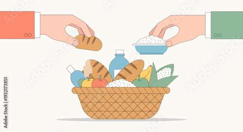 Two hands adding bread and bowl of rice to a basket full of food items vector illustration in flat design style for grocery shopping