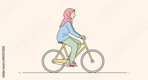 Vector of a woman wearing a hijab riding a bicycle flat illustration in pastel colors concept of active lifestyle and eco-friendly transportation