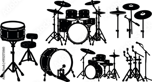 Silhouette vector drum kit array close up bass drum snare toms cymbals hi hat stands studio angle monotone black illustration
