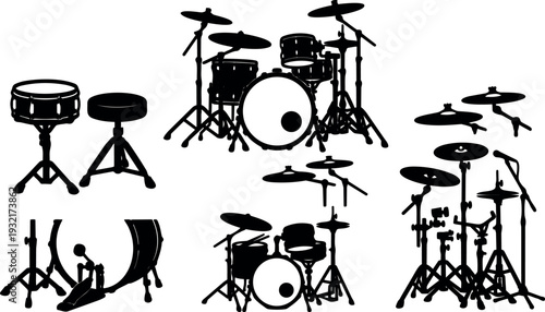 Silhouette vector drum kit arrangements close up and side views multiple sets with cymbals bass drums and stools pedals microphone