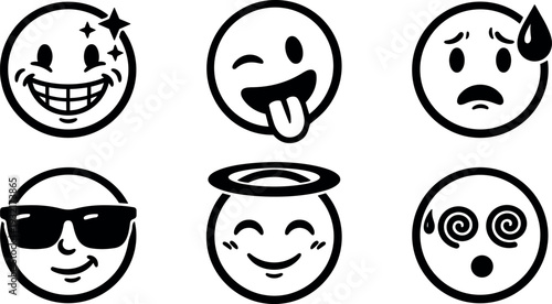Line art emoji icon set six expressions smiling winking tongue out sad sweating cool sunglasses angel halo dizzy spiral eyes