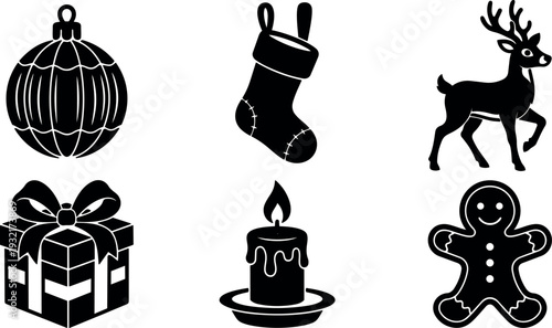 Silhouette icon set close up christmas ornament stocking reindeer gift candle gingerbread flat vector icons monochrome bold scalable editable clipart