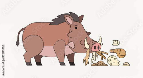 Warthog cartoon vector illustration eating roots and tubers in Africa for educational children's book and wildlife design