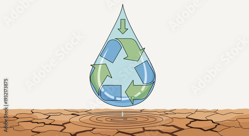 Water drop containing recycling symbol falling on cracked dry ground illustration to highlight water conservation and drought
