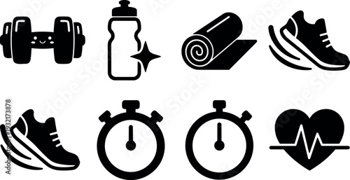 Minimalist flat design gym icons set showing sneakers dumbbell water bottle yoga mat stopwatch and heart rate symbols in black