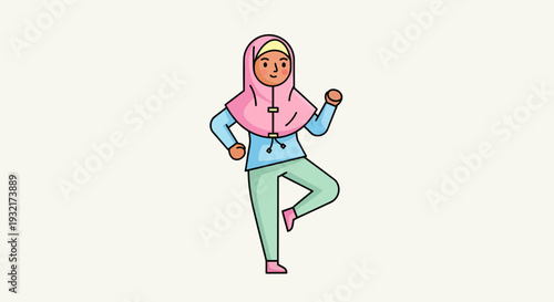Vector illustration of a woman in hijab doing yoga pose on one leg in cartoon style for healthy lifestyle concept