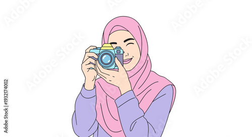 Young Muslim woman wearing hijab happily taking a photo with a vintage camera in studio illustration with pastel colors