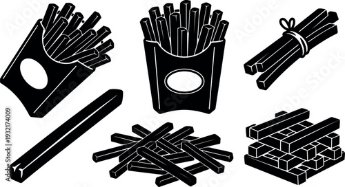 Flat design close up french fries icon set assorted fry shapes bundle sticks boxed serving low angle simple silhouette monochrome