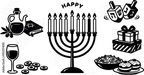 Line art hanukkah menorah close up with dreidel gifts latkes gelt wine and candles flat vector illustration black white minimal