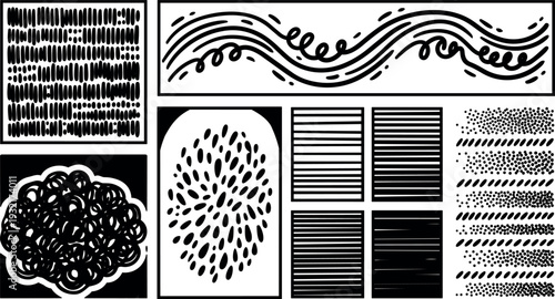 Hand drawn ink brush texture set close up panels assorted strokes dots lines seamless patterns for graphic design vector editable