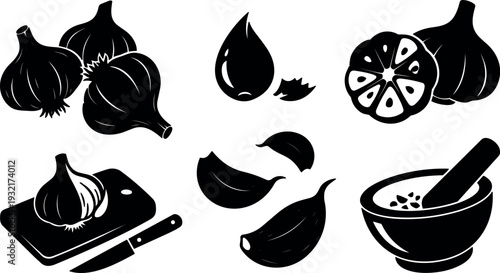 Silhouette vector close up garlic bulbs and cloves with mortar and knife arranged studio layout bold high contrast minimalist monochrome