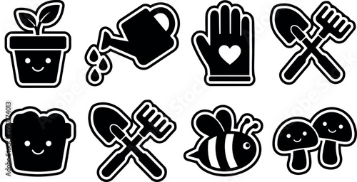 Sticker style bold outline gardening icons close up pot watering can glove crossed shovel and rake bee mushrooms and toast