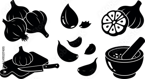 Flat design top view garlic cloves bulb sliced on wooden cutting board with mortar and pestle close up contrast silhouette