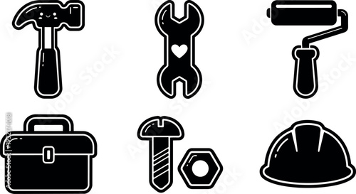 Minimalist flat design close up toolbox and helmet with hammer wrench roller screw nut icons in black outline vector set