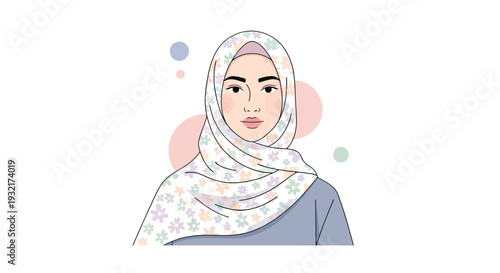 Young woman in floral hijab with soft pastel accents vector illustration for modern Islamic fashion and stylish modest lifestyle