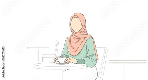 Young woman in hijab enjoying coffee at cafe illustration in pastel tones vector art for social media and Ramadan designs