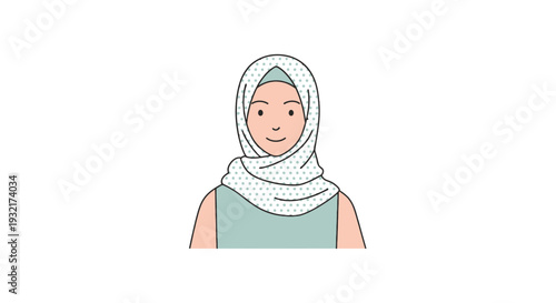 Young woman in hijab illustration with neutral expression in light green and tan colors; a versatile graphic for diverse applications.