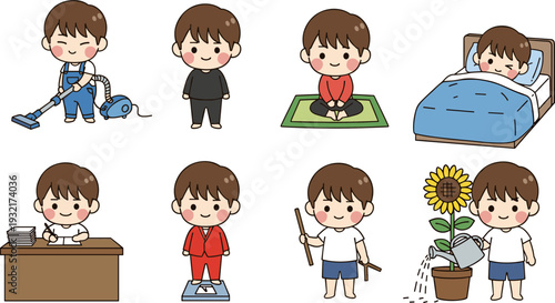 Daily Routine Cartoon Boy Character Set Showing Cleaning, Working, Exercising, Sleeping, Gardening, and Healthy Lifestyle Activities Illustration