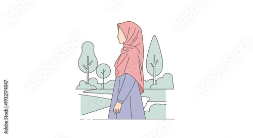 Young woman wearing hijab standing in park illustration; simple vector graphics of muslim girl in headscarf enjoying outdoor walk