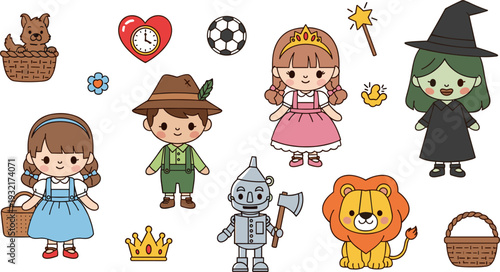 Fairy Tale Character Illustration Set with Princess, Witch, Woodsman, Lion, and Fantasy Elements for Children Storybook and Imaginative Design Projects