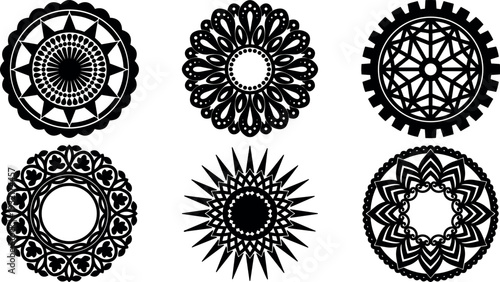 Ornamental mandala vector line art close up six circular decorative emblems radial symmetry black on white isolated high resolution scalable