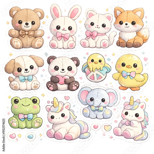 kawaii plush animal collection, adorable plushie character set, pastel stuffed animal illustration, chibi teddy bear bunny cat designs, soft toy aesthetic artwork, cute cuddly mascot lineup, fluffy te