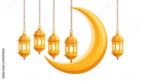 Elegant set of hanging lanterns illuminated under a crescent moon decoration. isolated on transparent background