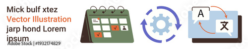 Project management, time planning, language translation, workflow, automation, multilingual communication. Calendar checkboxes, gear text. Project management and time planning concept
