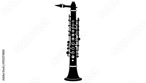 Elegant black and silver clarinets standing upright on a white background isolated on transparent background