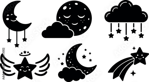 Flat design celestial icon set with smiling moon crescent cloud raining stars shooting star and winged star minimal silhouette collection