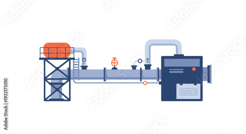 Industrial water heater with storage tank and pipes on white background