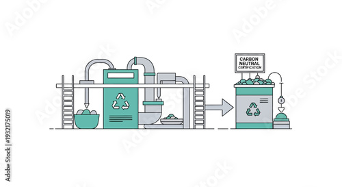 Recycling process illustration with carbon neutral sign and waste management