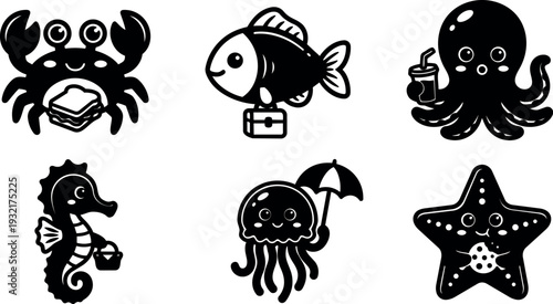 Flat design close up sea creature icon set crab fish octopus seahorse jellyfish starfish playful accessories black silhouettes vector collection
