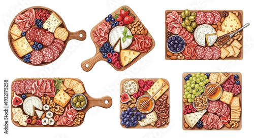 Watercolor Charcuterie Board Collection with Cheese, Salami, Fruits and Nuts on Wooden Serving Platters