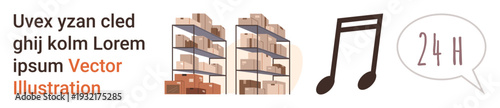 Logistics, music, time management, warehouse storage, e-commerce, symbols. Shelves stacked with boxes, musical note speech bubble with text. Logistics and music conceptual