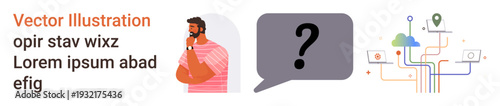 Decision-making, tech innovation, communication, problem-solving, networking, digital connectivity. A person thinking with a question mark and abstract digital connections. Decision-making and tech