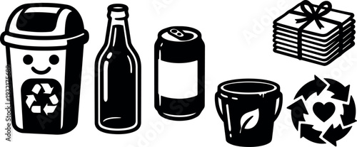 Flat design recycling icons set smiling bin glass bottle aluminum can coffee mug stack of paper gift and circular arrows
