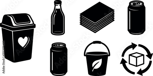 Flat design recycling icons set with trash bin bottle cans stack leaf recycle arrows black silhouette close up vector minimal