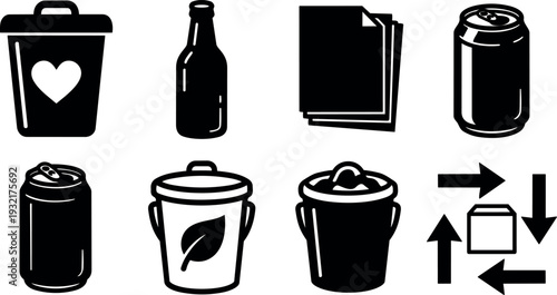 Flat design black waste and recycling icons set showing bins bottles cans lids arrows close up isolated glyphs vector illustration