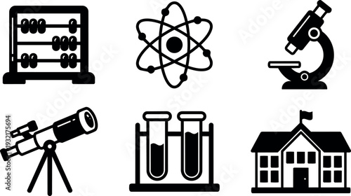 Flat design six science education icons abacus atom microscope telescope test tubes school building simple black silhouettes vector icon collection
