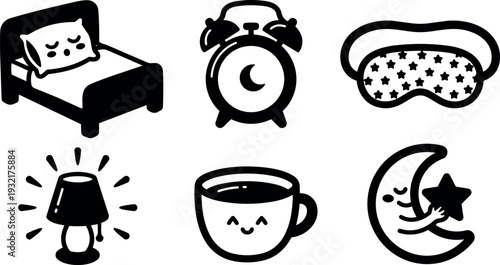 Whimsical doodle close up smiling moon and star with bed alarm clock sleep mask lamp and cup in cozy bedroom
