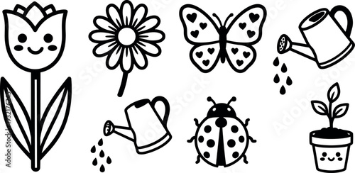 Line art garden icon set close up spring flowers butterfly ladybug watering can potted seedling hand drawn vector icons collection