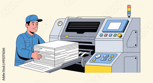 A Worker Loads Paper into a Commercial Printing Machine for Production