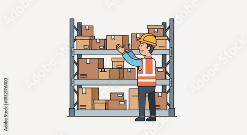 Warehouse worker organizing boxes on shelving units, illustration of logistics and storage operations