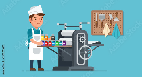 Artist with rainbow inks preparing a printing press for artistic creation in a workshop