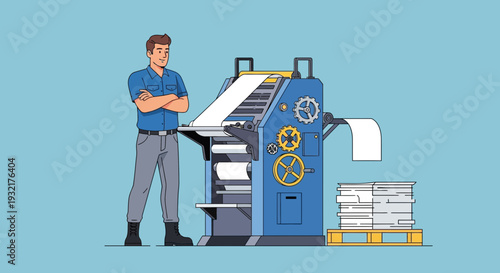 A cheerful male worker stands beside a large blue industrial printing press with paper rolls